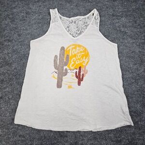 Torrid Tank Top 0 Large White Lace Yokes Take It Easy Cactus Graphic Slub Cotton